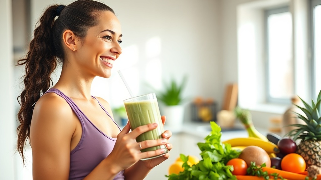 건강한 비건 라이프스타일을 즐기며 운동 후 쉐이크를 마시는 모습