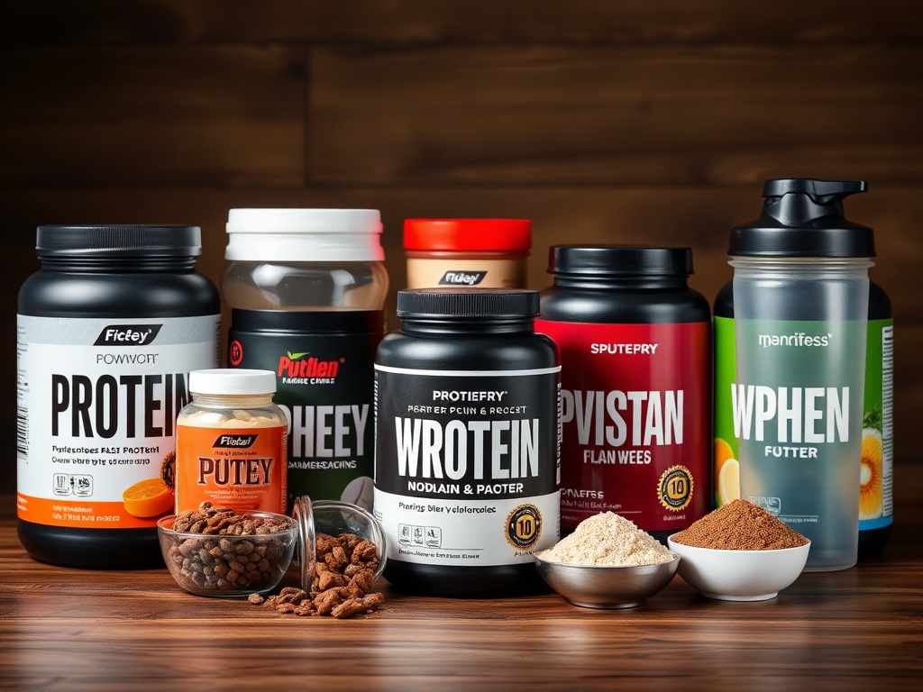 다양한 종류의 단백질 보충제 파우더와 쉐이커가 나무 테이블 위에 정갈하게 놓여 있는 모습
